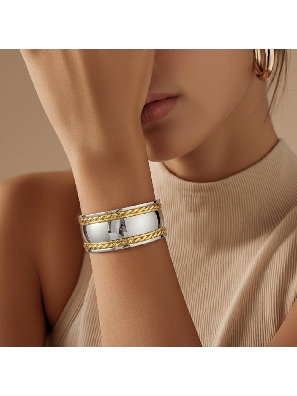 Luxury Elegant Twisted Wide Curved Stainless Steel Open Bracelet Bangle